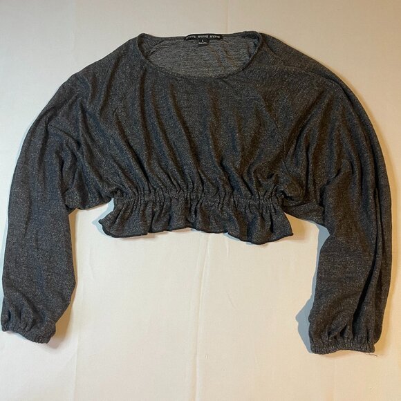 Hyfve Blouse Womens Large Gray Long Sleeve Ruffle Hem Cropped Scoop Neck Casual - Picture 1 of 4